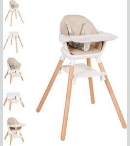 lot 16966 image: High Chair, 6 in 1 Wooden Convertible High Chairs for Babies and Toddlers, Booster Seat with Double Tray & Reversible Footrest Baby Highchair, 5-Point Harness Baby Feeding Chair, Beige - Retail $124