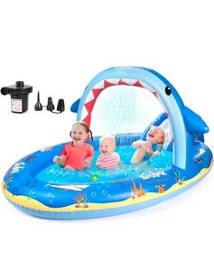 lot 16968 image: SULIFEEL Dinosaurs Inflatable Play Center Kiddie Pool with Slide and Sprinkler for Children, 96x59x39 Baby Pool for Backyard and Garden, Free Inflatable Pump - Retail $69