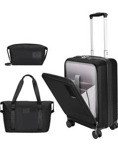 lot 16971 image: 20 inch Small Carry On Luggage Front Open with Laptop Pocket, ABSPC Hard Shell Suitcase with Spinner Wheels TSA Lock & YKK Zipper, 20inToiletry BagHandbag, Black - Retail $69