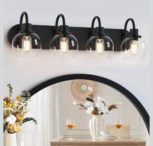 lot 16979 image: Industrial Bathroom Vanity Light�� 4-Light Bathroom Lights Over Mirror with Clear Glass Globe Shade and Metal Base, Matte Black Bathroom Vanity Light Fixture - Retail $71