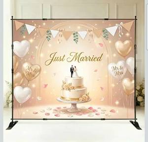lot 16982 image: Backdrop Stand 10x8ft(WxH), Portable Photo Studio Background Stand Support Kit with Carrying Bag, Height Adjustable Banner Stand for Party, Wedding, Step and Repeat Stand for Photo Booth - Retail $85