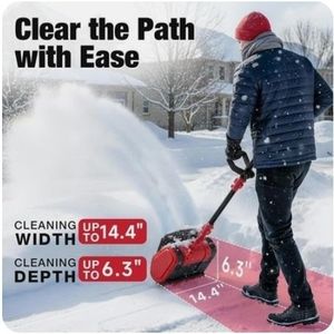 lot 16990 image: Electric Cordless Snow Shovel, 14.4-Inch  24V  5.0Ah Brushless Cordless Snow Blower with Battery and Charger, 26ft Throwing Distance, 5000RPMMin, Snow Removal for DrivewayStepsPatioSidewalk, Red - Retail $79