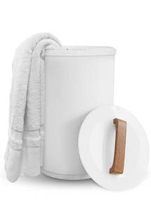 lot 16991 image: SAMEAT Heated Towel Warmers for Bathroom - Large Towel Warmer Bucket, Wood Handle, Auto Shut Off, Fits Up to Two 40X70 Oversized Towels, White - Retail $99