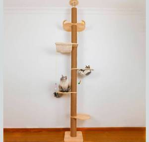 lot 16993 image: Floor to Ceiling Cat Tree Height (50-120in) Adjustable Cat Tower 5 Tier Hemp Scratching Post High Cat Tree Sturdy Activity Tree Indoor Outdoor Cat Scratching Post Activity Center - Retail $165