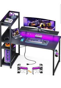 lot 17004 image: ODK Reversible Gaming Desk LED Lights, 40 Inch Computer Desk with Storage Shelves & Monitor Stand, Study Table for Home Office, Small Space Bedroom, Carbon Fiber Black - Retail $109