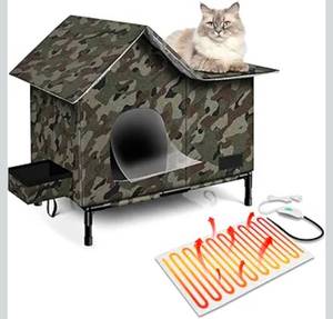 lot 17006 image: Heated Cat House,Removable Weatherproof Cat Houses for Outdoor Cats with Heating Pad (Camo, Medium) - Retail $42