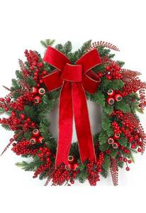 lot 17016 image: BHHDA 24 Inch Christmas Wreath for Front Door Artificial Christmas Wreath Decor with Pine Needles,Berries,Bow,Red Decorations Accents, Perfect for IndoorOutdoor Christmas Decor(with Hook) - Retail $65
