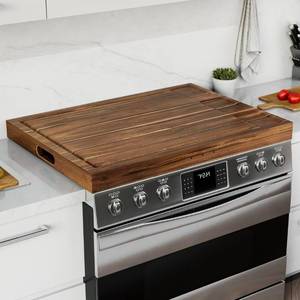 lot 17017 image: BLUEWEST Noodle Board Stove Cover with Handles, 3 in 1 Wood Stove Top Covers Board for Gas Burners and Electric Stove, Wooden RV Stovetop Cover, Tray for Kitchen Counter Space with Juice Grooves - Retail $76