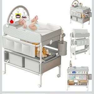 lot 17024 image: Baby Changing Table with Drawers, Waterproof Versatile Folding Diaper Changing Station with Storage, Adjustable Height, Portable Diaper Chang ing Station, Mobile Nursery for Infant and Newborn - Retail $109