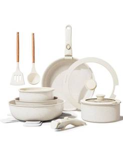 lot 17032 image: Ceramic Nonstick Cookware Set, Healthy,Non Toxic,17-Pieces Pots and Pans Set Removable Handles,Induction RV Kitchen Set,Stain & Scratch-resistant,DishwasherOven Safe,PFASPFOA Free,Cream White - Retail $79