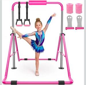 lot 17042 image: Sportsroyals Gymnastics Bar for Kids,Adjustable Height Gymnastic Horizontal Bars,Folding Gymnastic Junior Training Kip Bar for Home, Pink - Retail $79