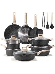 lot 17045 image: CAROTE 21pcs Pots and Pans Set Nonstick, Cookware Set Black Granite Induction Kitchen Cooking Set wFrying Pans & Saucepans(PFOS, PFOA Free) - Retail $189