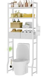 lot 17046 image: Simple Trending 4 Tier Over The Toilet Storage with Drawers, Heavy Duty Bathroom Stand Organizer Metal Shelves for Laundry, White - Retail $49