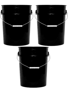 lot 17063 image: 5-Gallon Bucket Only �� Heavy-Duty Extra Durable Pail �� Made in USA �� Premium Quality HDPE �� Food Grade �� BPA Free �� Metal Handle with Plastic Grip �� Stackable �� Multi-Use �� Black, 3 Pack - Retail $0
