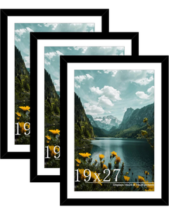 lot 17064 image: Picrit 19x27 Picture Frame 3 Pack, Black Poster Frame, Display Poster 16 x 24 with Mat or 19 x 27 without Mat for Horizontal or Vertical Wall Mounting - Retail $67