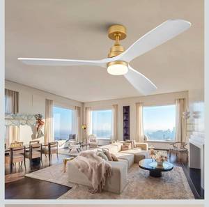 lot 17067 image: BOJUE 60 Inch Wood Ceiling Fans with Lights and Remote, White Gold Outdoor Ceiling Fan with Light, Dimmable 3 Blades Outdoor Fans for Patios Noiseless Modern Ceiling Fans for Bedroom Living Room - Retail $104