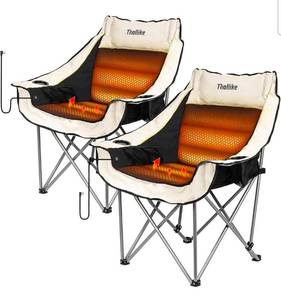 lot 17068 image: Heated Oversized Camping Chair for Adults Portable Folding Padded Chair with 3 Heat Levels Cup Holder Side Pocket and Carry Bag for Camping Outdoor Sports Picnic Black 2 Pack Set Supports up to 450lbs - Retail $189