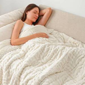 lot 17071 image: Wemore Jacquard Fleece Weighted Blanket Queen Size 60 x 80 15lbs, Ultra Soft Cozy Sherpa Weighted Blankets for Adults, Ultra Fuzzy Heavy Blanket for Sleep, Fluffy Warm Throw for Bed, Cream White - Retail $59
