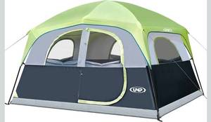 lot 17073 image: UNP Tents 6 Person Waterproof Windproof Easy Setup,Double Layer Family Camping Tent with 1 Mesh Door & 5 Large Mesh Windows -10X9X78in(H) - Retail $149