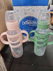 lot 17075 image: Dr. Browns 8oz Milestones Narrow Sippy Bottle with Silicone Handles & Soft Spout - 2pk - 6m - Light Pink & Ecru - Retail $26