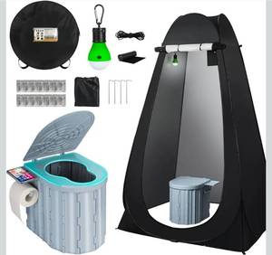 lot 17081 image: Portable Camping Toilet with Pop-Up Privacy Tent, 12-inch Toilet Seat, Outdoor Portable Folding Toilet Potty for Adults Load Capacity of 400 Lbs, LED-Light Camping Bathroom - Retail $79