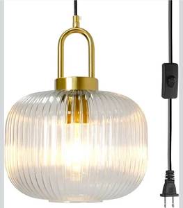 lot 17084 image: Large Glass Pendant Light Plug in, Mid Century Modern Gold Hanging Lamp Plug in Hanging Light Fixture for Kitchen Island Dining Room Living Room Bedroom (10.2 inch 1 Pack) - Retail $86