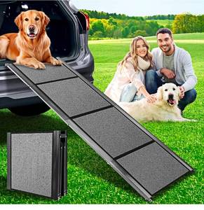 lot 17085 image: 71x 20 Dog Ramp, Dog Ramp for Car, Car Ramps for Pets Up to 300LBS, Folding Dog Stairs, Pet Ramp with Non-Slip Rug Surface, Extra Long Dog Steps for Car, SUV, Truck, Wire Loop - Retail $95