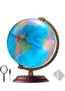 lot 17114 image: Illuminated World Globe for Kids & Adults All Ages with Wooden Stand 7 in 1- Night View Stars Map Constellation Globe with Detailed Colorful World,Built-in LED Bulb, Educational Gift - Retail $0