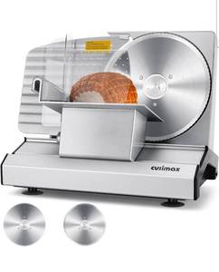 lot 17117 image: Meat Slicer,CUSIMAX Electric Deli Meat Slicer with 2 Removable 8.7Stainless Steel Blades,Removable Food Carriage,1-20mm Adjustable Thickness Food Slicer for Home,Easy for Cut Meat,Cheese,Bread - Retail $129