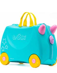lot 17118 image: Trunki Ride-On Kids Suitcase  Tow-Along Toddler Luggage  Carry-On Cute Bag with Wheels  Kids Luggage and Airplane Travel Essentials Una Unicorn Turquoise - Retail $69