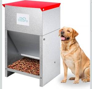 lot 17119 image: Dog Feeder - Galvanized Metal Pet Food Station for Indoor & Outdoor Use - Automatic Gravity-Fed Dispenser Suitable for Small, Medium, and Large Dog Breeds - Capacity 50 Pounds of Dry Kibble - Retail $85