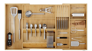 lot 17131 image: Bamboo Silverware Drawer Organizer, 17.7-29.5 Inch Expandable Large Kitchen Drawer Organizer, 5-8 Slot Flatware with Removable Card Slots & Knife Block for Spoon Butter Knive, Natural - Retail $59