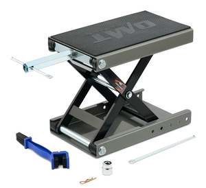 lot 17136 image: Orion Motor Tech Motorcycle Lift, 1100lb Motorcycle Scissor Lift Jack with Wide Deck T Handle 38 Socket, Motorbike Center Stand with Chain Brush, Crank Hoist Stand for ATV Dirt Bike Cruiser, Gray - Retail $79