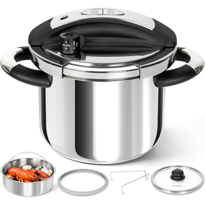 lot 17142 image: MICHELANGELO Stainless Steel Pressure Cooker 6.3 Quart, 3-in-1 Olla de Presion, One-Hand Locking System, Induction Compatible, with Glass Lid & Steamer - Retail $89