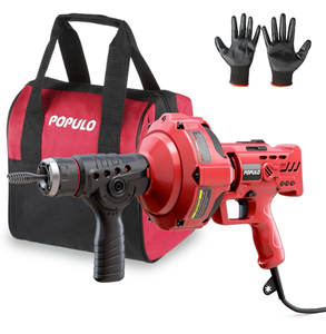 lot 17148 image: POPULO 120V Auto Feed Drain Auger,23 FT Drain Snake Suitable For 34-2 Pipes For Unclogging Sinks,Shower Floor Drain and Outdoor Drain Pipe.Plumbers Snake Cleaner Include Glove,Cloth Bag - Retail $115