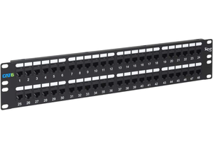 lot 17150 image: ICC CAT6 Feed-Through Patch Panel, 48 Port, 2U Rackmount, RJ45 Ethernet Patch Panel, No Punch Down, PoE and TAA Compliant, Black - Retail $169