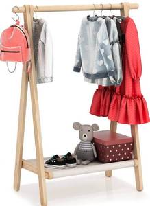 lot 17154 image: Dress up Rack, Child Garment Rack, Kids Clothing Rack with Storage Shelf (Natural Beech, 29.5 L x 14.5 W x 40 H) - Retail $67