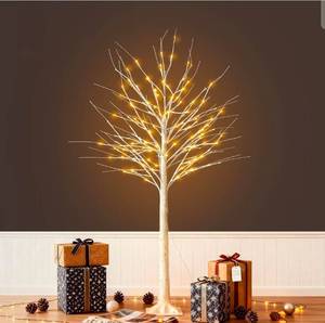 lot 17156 image: 5FT White Birch Tree with Lights - Lighted Birch Tree with 96 Warm White LEDs for Holiday Decor,Waterproof,Remote Control Lighted Trees for Indoor and Outdoor Decoration,Dimmable for All Seasons - Retail $45