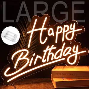 lot 17159 image: Large Happy Birthday Neon Sign, USB & Battery Powered (22.4x14.3), Adjustable Brightness, Warm LED Wall Decor for Parties & Celebrations - Retail $45