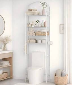 lot 17164 image: 4-Tier Over The Toilet Storage, Bathroom Organizer, Space-Saving, Above Toilet Storage Rack with 4 Hooks and Paper Holder, Metal Shelf, White - Retail $45