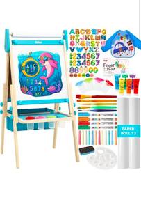 lot 17167 image: All-in-One Art Easel for Kids, Adjustable Double Sided Easel for Toddlers with Magnetic Whiteboard & Dry-Erase Chalk Board & Paper Roll, Child Painting Easel for Kid 2-8 Birthday Gift - Blue - Retail $63