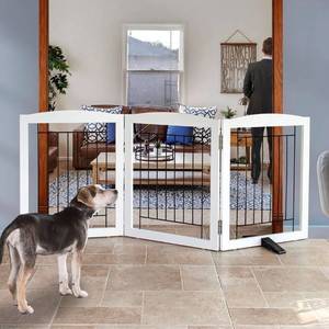 lot 17171 image: ZJSF Freestanding Dog Fence Indoor, Foldable Dog Gate for Doorways, Stairs or Hallways, Sturdy Wood Extra Wide Pet Gate with Support Feet for The House, White, 24 Height-3 Panels - Retail $62