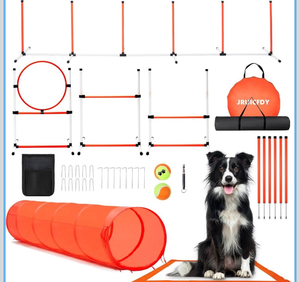 lot 17186 image: Dog Agility Course Backyard Set, Dog Agility Equipment, Pet obstacle Course Backyard with 6 Dual Mode Weave Poles, 2 Adjustable Hurdle, Jump Ring, Tunnel, Pause Box, Toy Balls and 2 Carrying Bags - Retail $109
