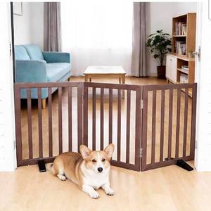 lot 17187 image: Dog Gate Indoor, Freestanding Dog Fence for The House, Doorways, Hallways,or Stairs,Pet Gate Foldable Wooden,Expandable 24 Height 3 Panels,Brown - Retail $59