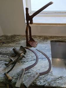lot 5 image: 1920s Universal No.2meat grinder  Iron Scythe with SnathBottle cap tool antiques