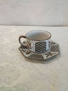 lot 48 image: Japanese Geometric Floral Tea Cup and Saucer Set