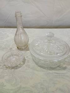 lot 70 image: Cut Glass Candy Dish Set with Glass Bottle
