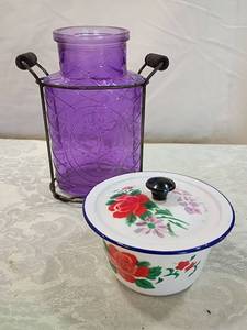 lot 73 image: Decorative Purple Glass Jar and Floral Enamel Bowl Set