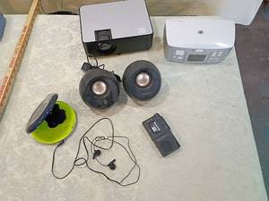 lot 79 image: HP Photosmart 385 Compact Photo Printer with Accessories older projector--speaker set old tape recorder handheld