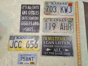 lot 131 image: 6 signs Kansas License Plates & Humorous Metal Signs Collection